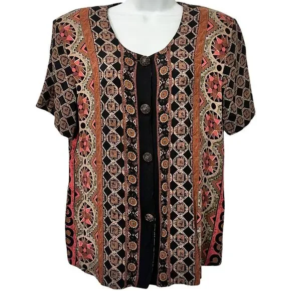 Vintage Brown Red Geometric Button Up Short Sleeve Top Skirt Suit Set size M - Picture 10 of 16